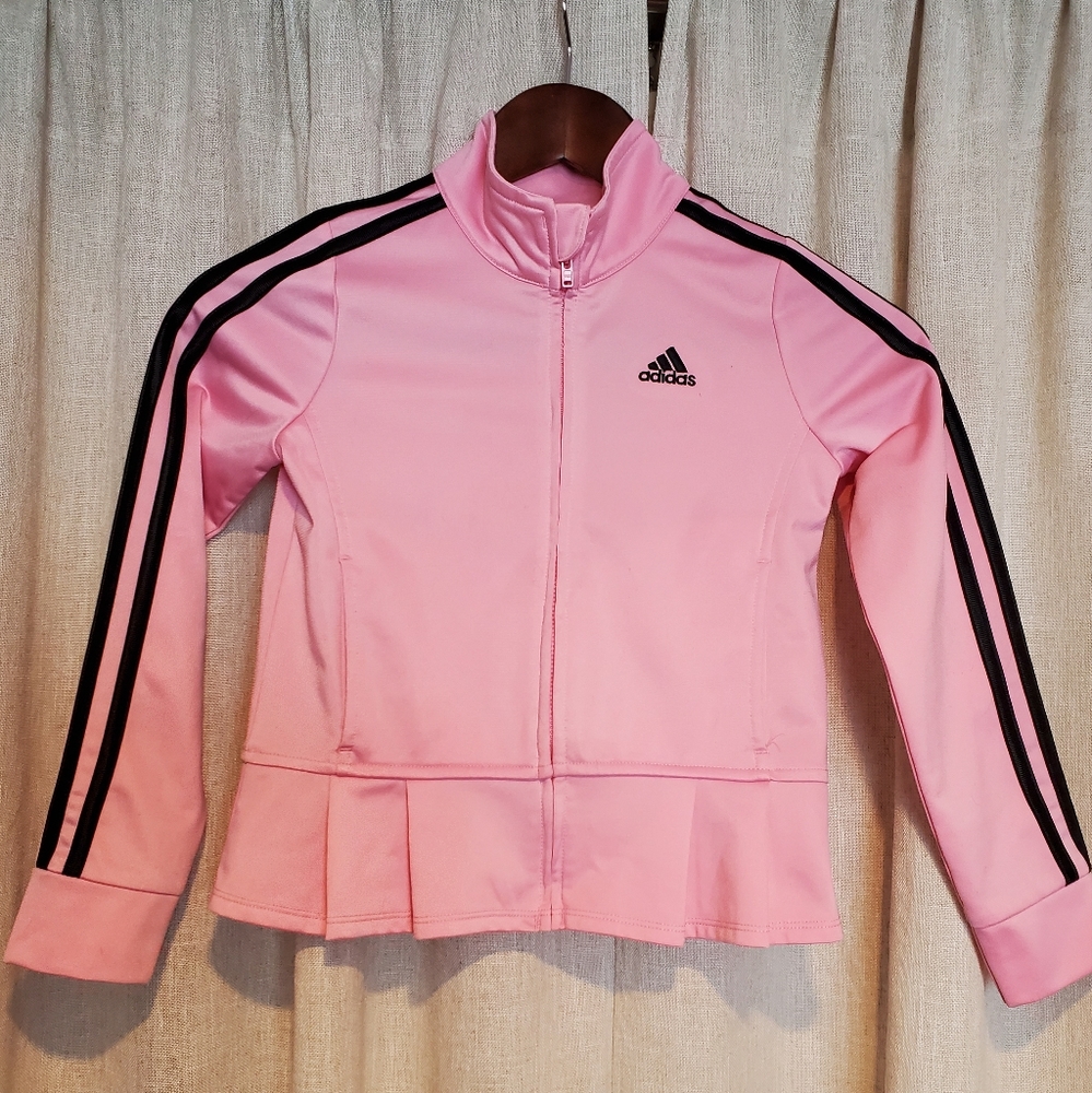 EUC Adidas Girls Pink Tricot Track Jacket Black Stripes Ruffle Bottom Size 6
